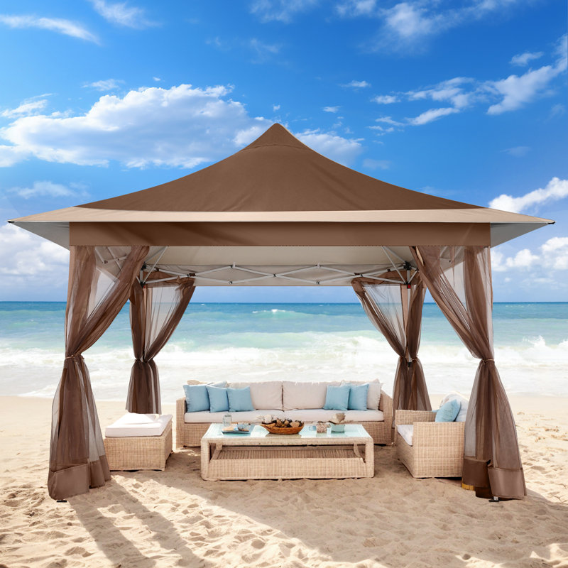 Brown and Beige 12x12ft Waterproof Pop-Up Gazebo Tent with Mosquito Netting