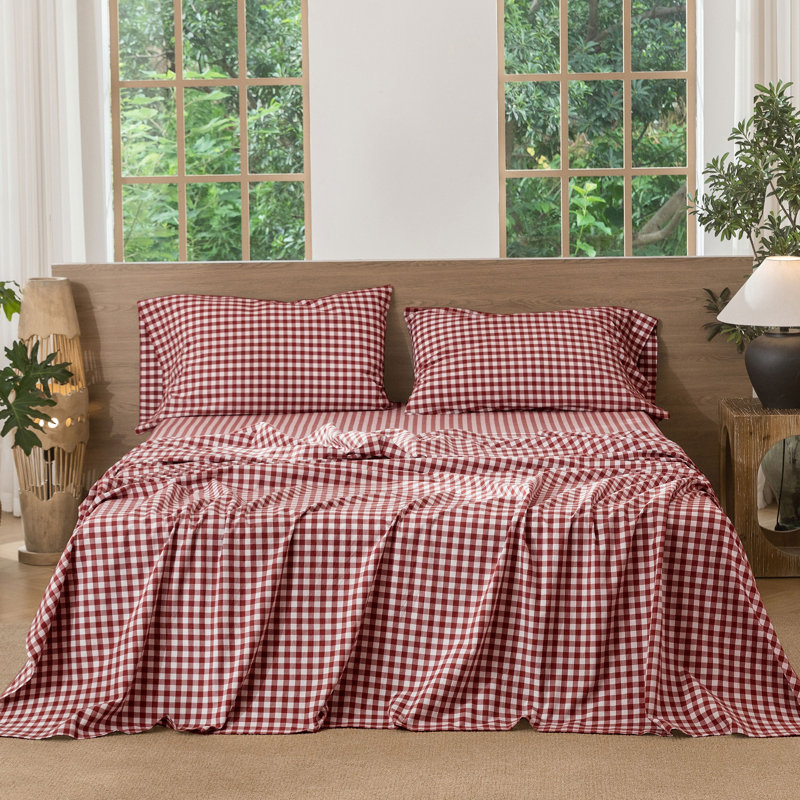Ensemble de draps 100% coton lavé MooMee, Ensemble de draps pour grand lit avec 2 taies d'or, Rouge brique à feu