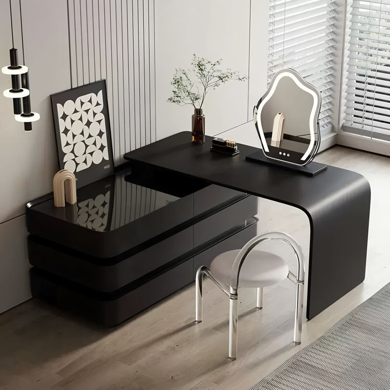 Modern Retractable Makeup Vanity Desk with Ambient LED Lighting, 6-Drawer Large Storage Dressing Table, Black