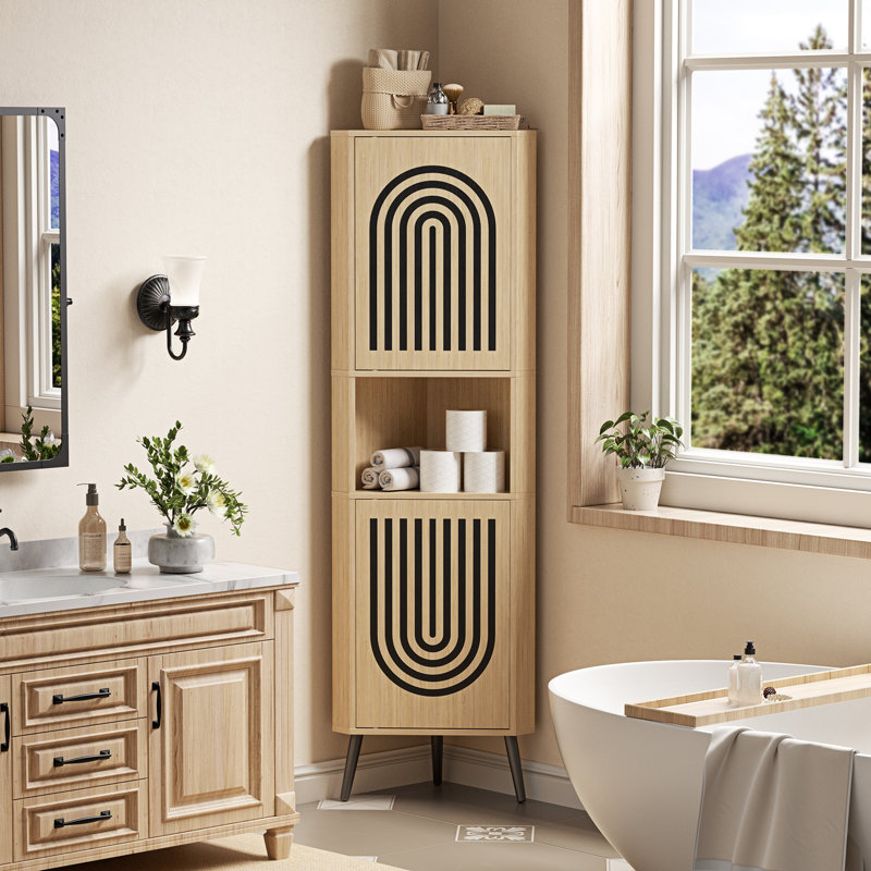 Grande armoire de salle de bain de coin, armoire de rangement de coin 65 po avec 2 portes creuses | Tablette d'angle Bhoho avec 2 portes et 6 tablettes