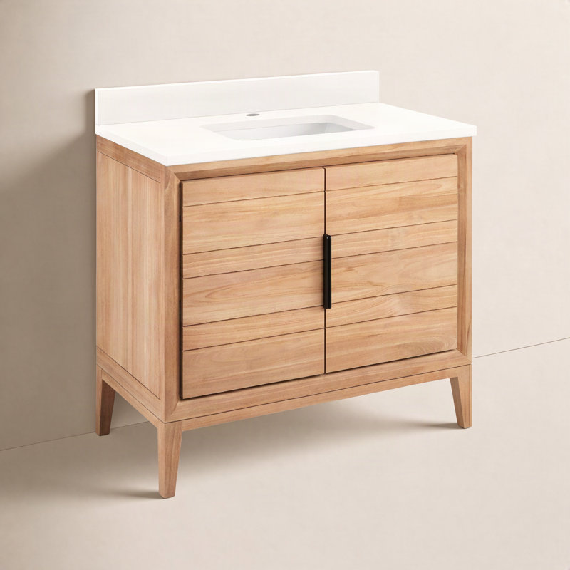 Meuble-lavabo simple 36 po Aliso, Quartz blanc arctique, Monocentre centré, Teck naturel