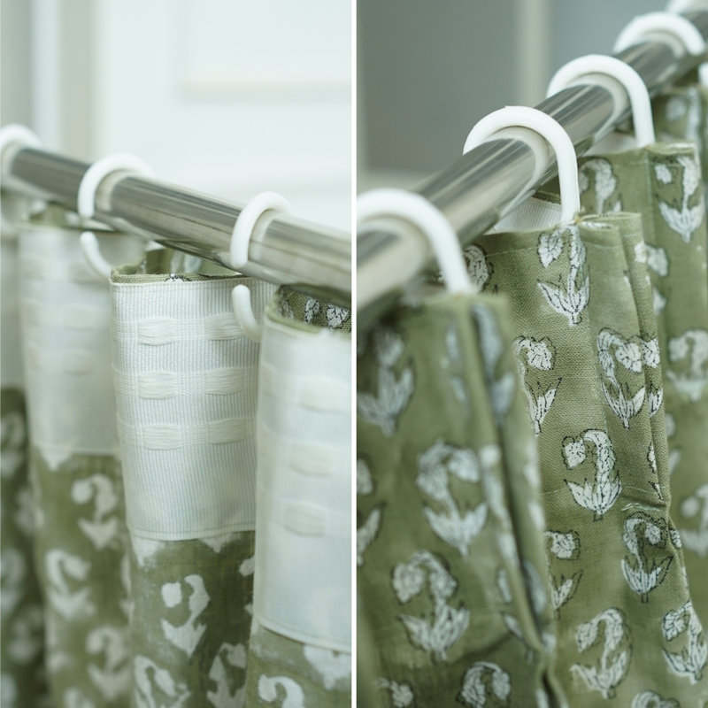Fabdivine Soft Cozy Pure Linen White Sage Green 27x89 Inches Handmade Block Print 2 Panel Set Summer or Spring, Kitchen Window Pinch Pleated Hook Curtains Farmhouse Floral Pattern, Superstar