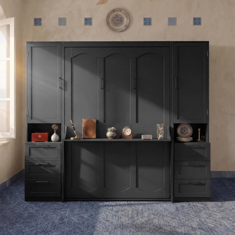 Lit escamotable mural avec placard, tiroirs et tablettes pour des solutions de rangement polyvalentes et peu encombrantes
