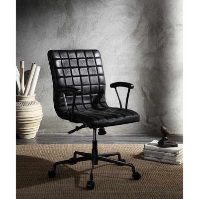 Chaise de bureau en cuir fleur noir rétro et aluminium, siège pivotant à 360 degrés, relevage réglable, accoudoir rembourré avec support en métal, base 5 étoiles, capacité de charge de 220 lb, profondeur de siège de 17 po,