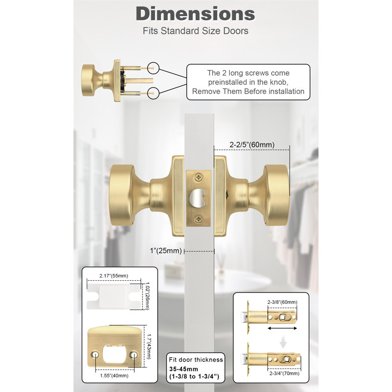 Probrico Square Panel Door Knob, Brushed Gold, Passage (Hall & Closet)