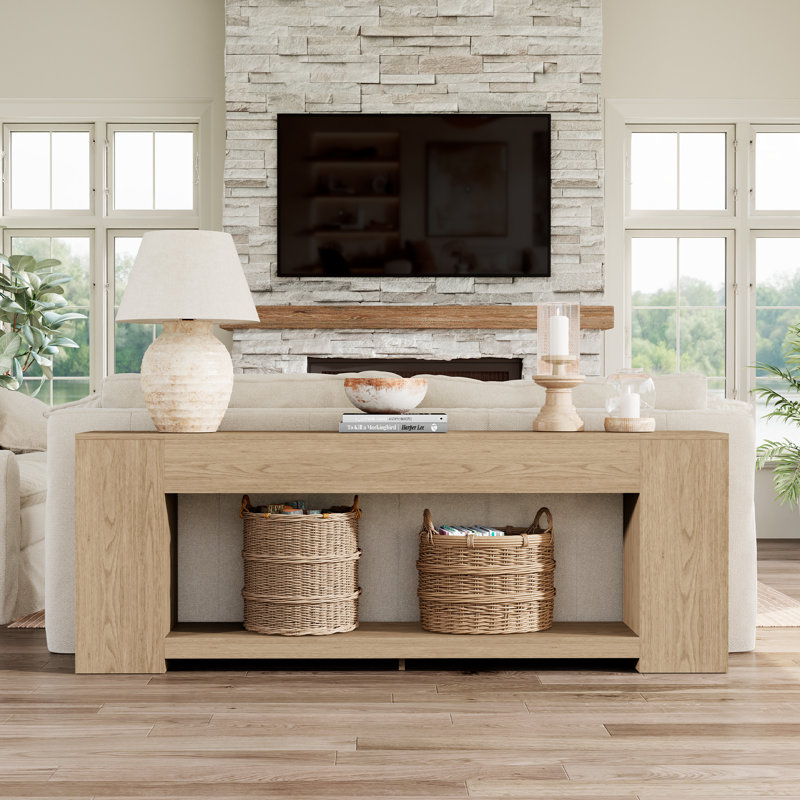 Canapé-console de 86 pouces de long, tables d'entrée à 2 niveaux avec rangement, Light Oak