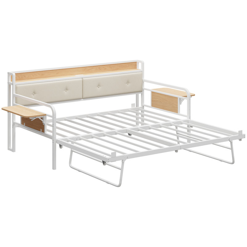 Lit de jour simple avec lit gigogne, tête de lit rembourrée avec tablette et sac de rangement, tables d'appoint, Blanc