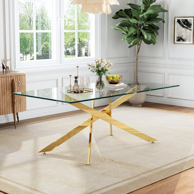 Merell 79'' Glass Top Metal Base Dining Table, Gold