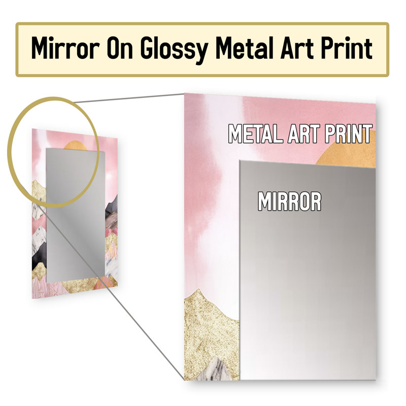 «Vibrant Mountain», «V», décor de miroir mural unique, grand miroir rose, impression d'art en métal, 32 po x 24 po