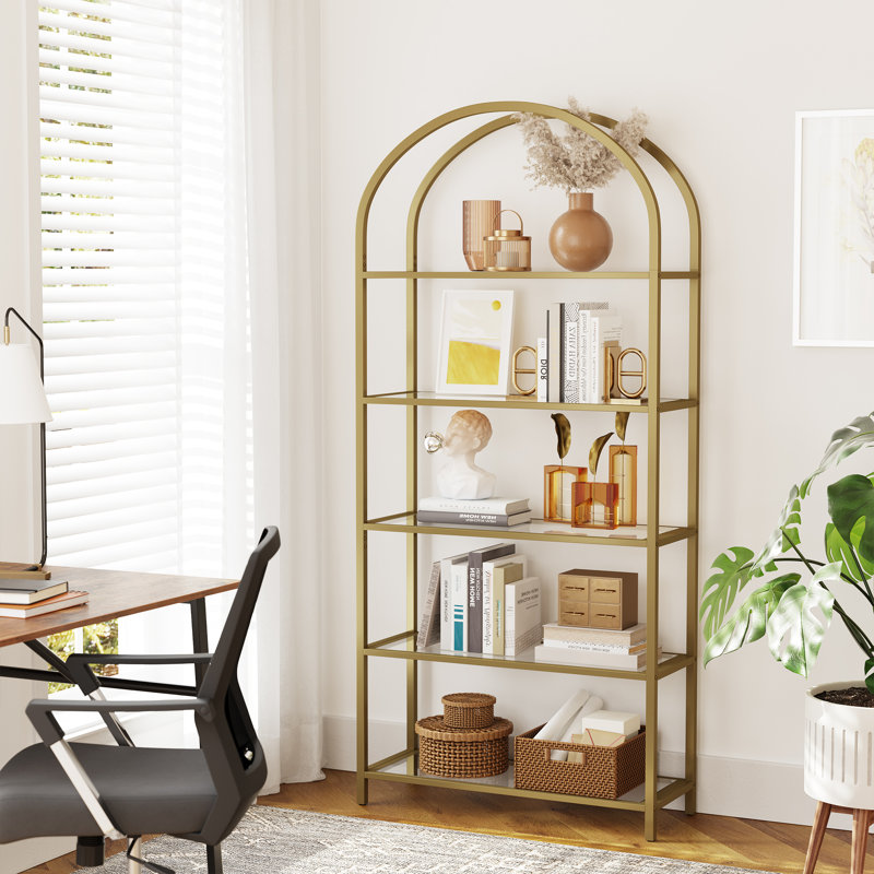 Ophelia & Co. Adrianne 5-Tier Etagere Bookcase — Gold / 5 glass shelves