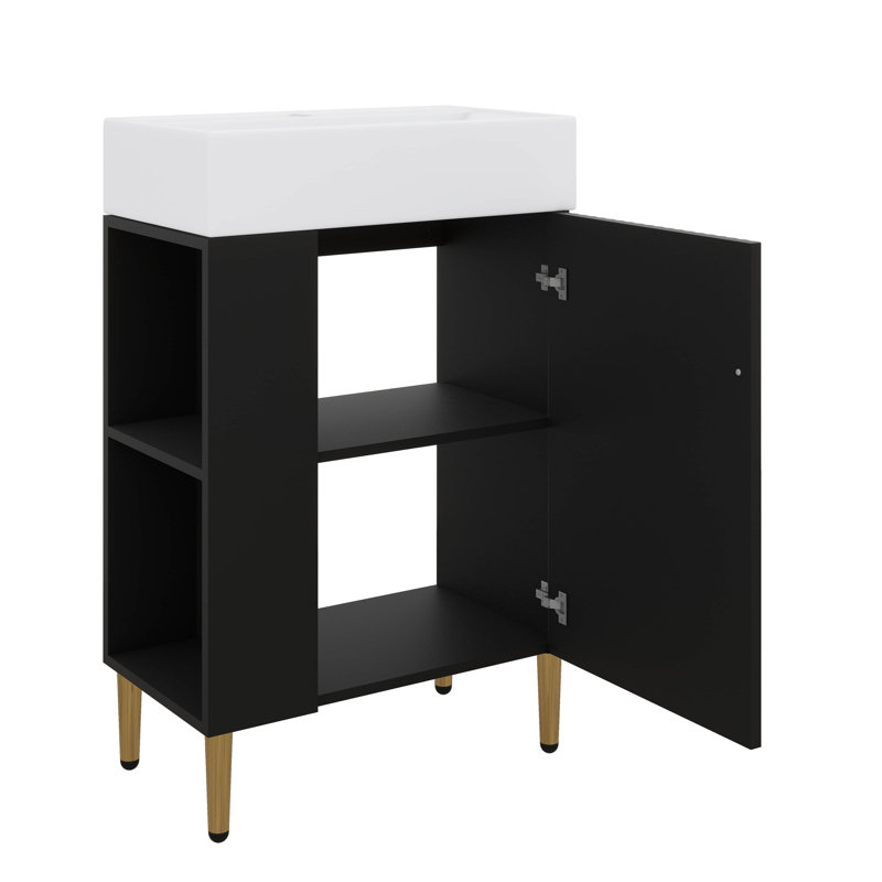 Ensemble de meuble-lavabo autoportant 21,6 pouces avec pieds en métal et rangement à gauche, Noir