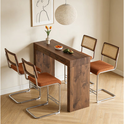 Ensemble de chaises de bar 4 pièces en velours, jumelé à une table de bar à grain de bois de noyer, comprenant une fonction de rangement, convenant aux restaurants et aux cafés