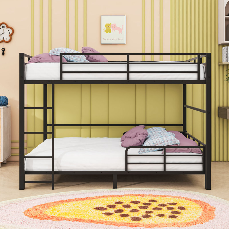 Metal Bunk Bed With Safety Rai, Walnut, Queen Over Queen