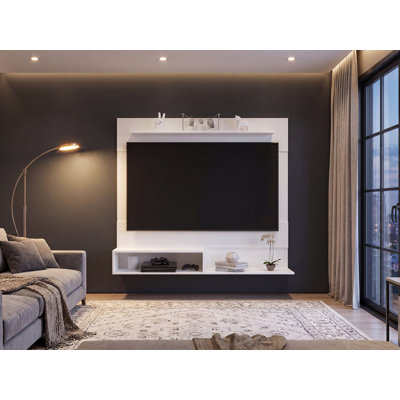 Meuble télé mural flottant avec tablettes ouvertes et rangement pour médias Irmo