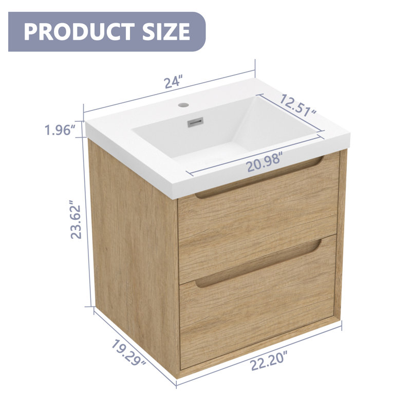 Meuble-lavabo mural 24 po avec lavabo en résine intégré - chêne naturel, 24