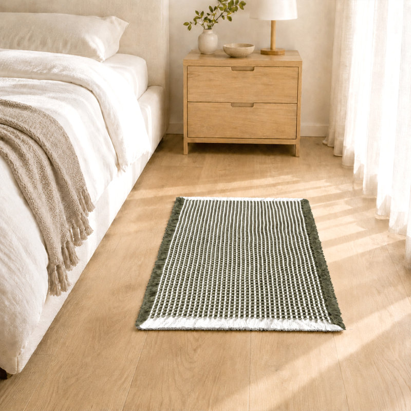 Tapis de bain à franges gaufrées, 17" W x 24" L, Olive Green/White