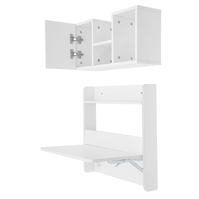 Wall Mounted Solid Wooden Rectangular Bookshelf Folding Down Laptop Writing Desk Log Color, White