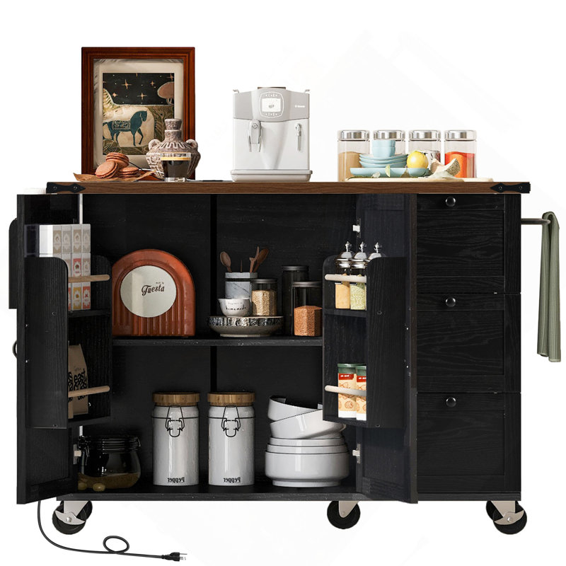 54.5" Farmhouse Kitchen Island with Power Outlet, Kitchen Storage Island  with Internal Storage Rack, Drop Leaf, Spice Rack, Rolling Kitchen Cart on Wheels, for Home, Kitchen and Dining Room