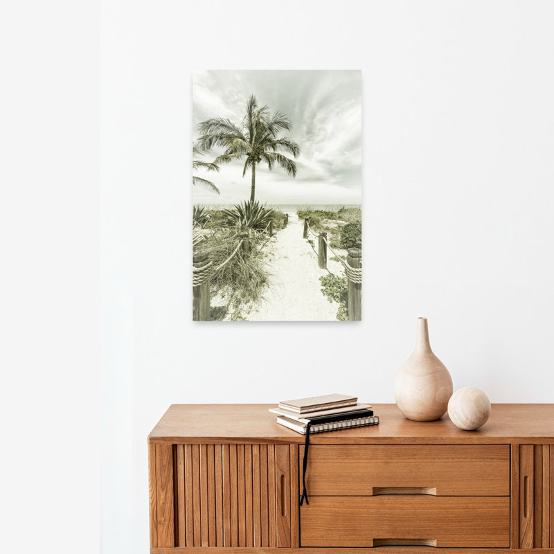 Affiche murale rétro vintage abstraite représentant un chemin de plage tropical et un palmier côtier, 24" H x 16" W