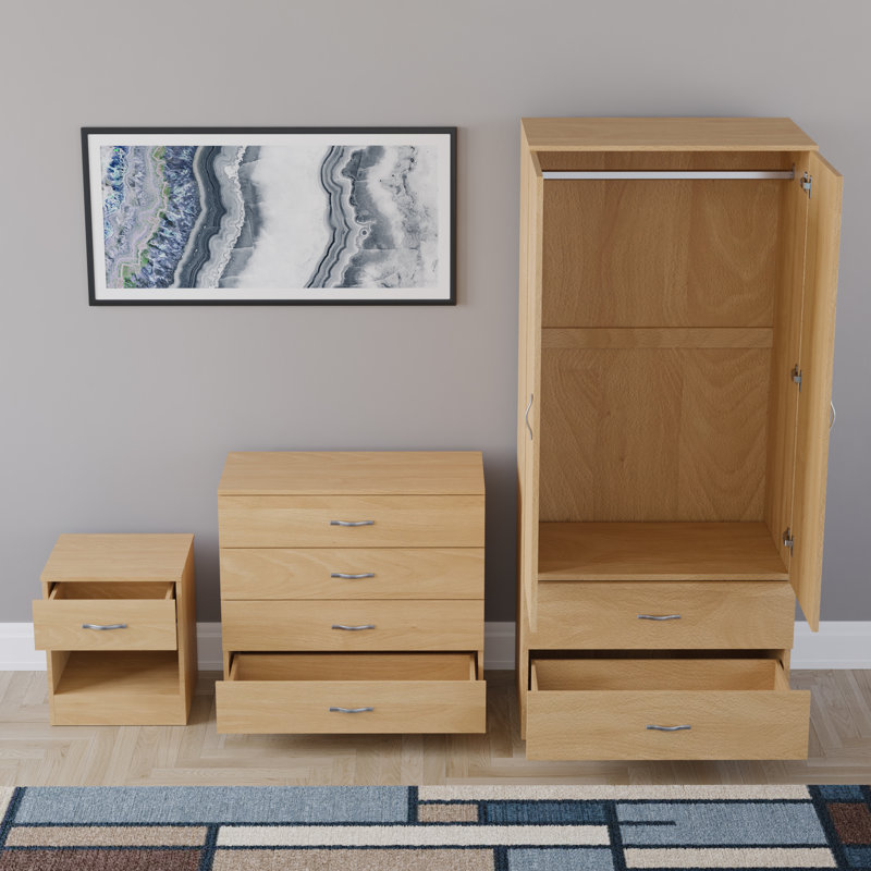 Maybery 3 Piece Bedroom Set (1 Drawer Bedside Chest, 4 Drawer Chest, 2 Door 2 Drawer Wardrobe), (4), Pine