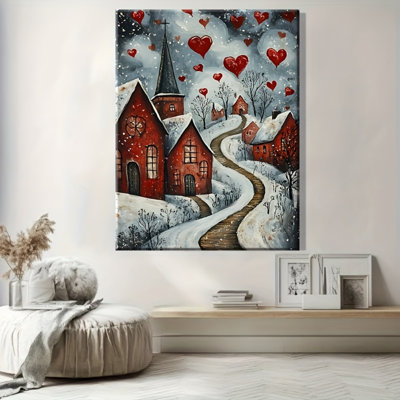 Impression sur toile «Warm Winter Village Red Hearts» - Urban Studio