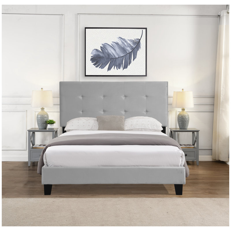 Full Size Gray Velvet Upholstered Platform Bed Frame with Pull-Point Tufted Headboard