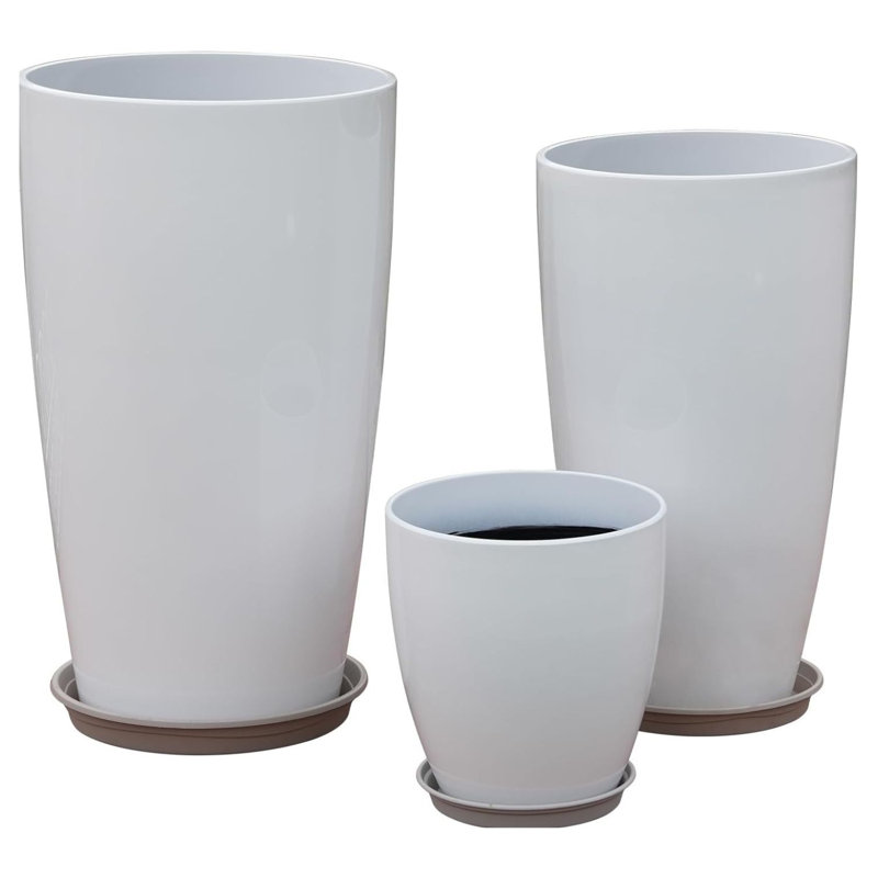 Ensemble de 3 grandes jardinières en plastique avec drainage 24 21 11 pouces blanc