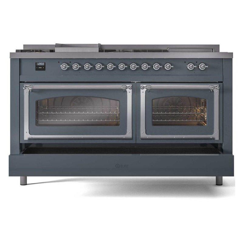 ILVE Nostalgie II Noblesse 60 po à 2 brûleurs, plaque chauffante, plaque de cuisson française, Gris-bleu / chrome