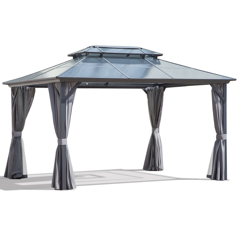 Gray 10x13ft Aluminum Hardtop Gazebo with Curtains and Netting
