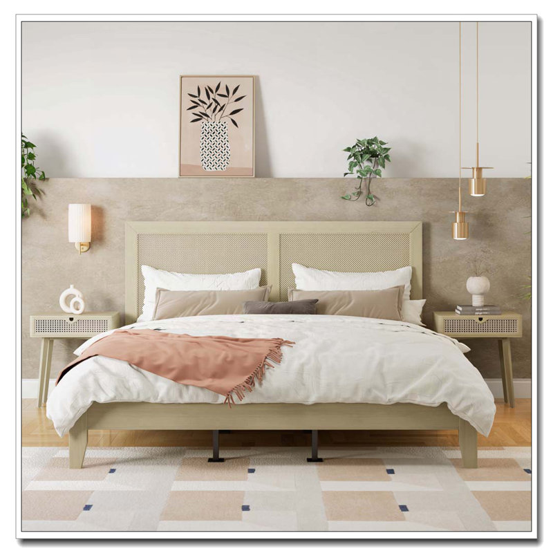 Rattan Design Solid Wood Platform Bed, King