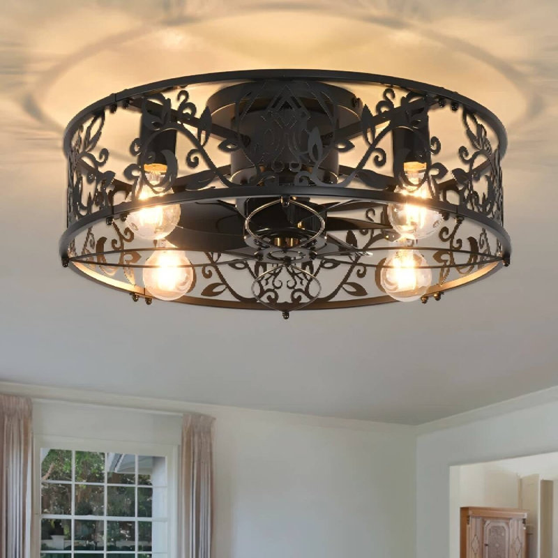 51cm Farmhouse Reversible Caged Ceiling Fan with Light Kit And Remote, Black