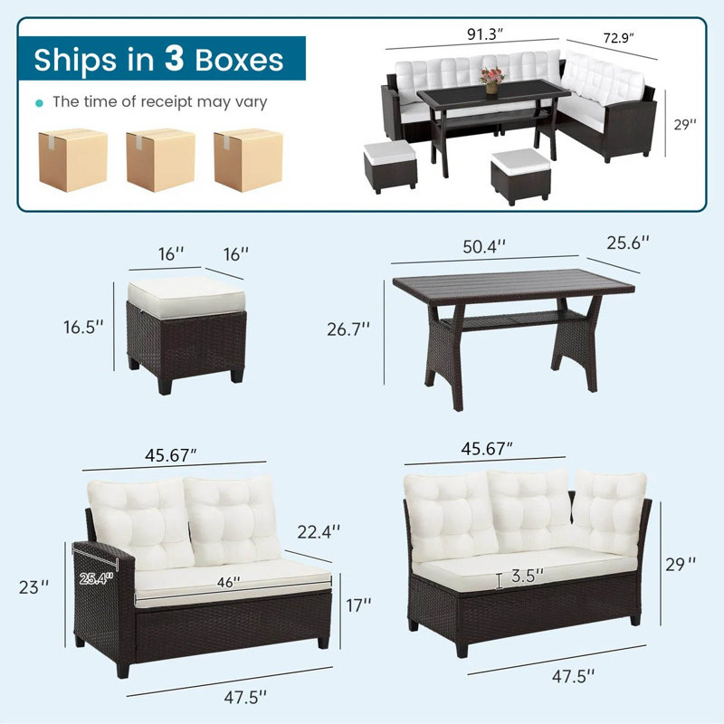 Ensemble de meubles de patio 6 pièces en osier brun toutes saisons - Canapé modulaire, table de salle à manger, chaises et repose-pieds
