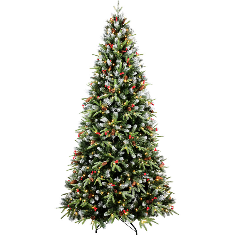 Arbre de Noël de 6 pi avec 350 lumières à DEL blanc chaud, branches en PE + 1593 à extrémités enneigées, baies rouges et pin, conception à charnières pour une installation rapide des Fêtes et un réconfortant