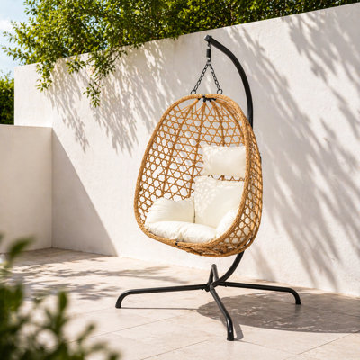 Fauteuil à œufs suspendu avec support, balancelle en osier de rotin intérieur / extérieur avec coussins, fauteuil hamac Boho pour patio, balcon, chambre à coucher et jardin