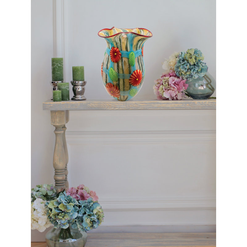 Multicolor Hand Blown Ceramic Vase with Floral Design