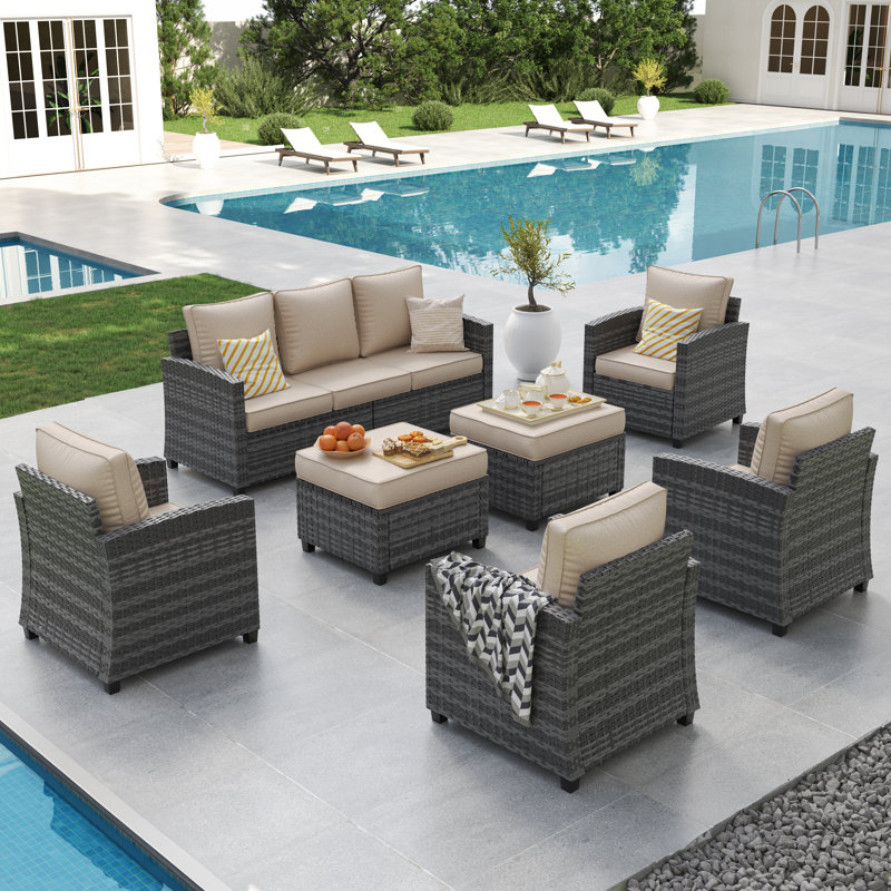 7-Person Outdoor Seating Group With Cushion, Beige, Gray