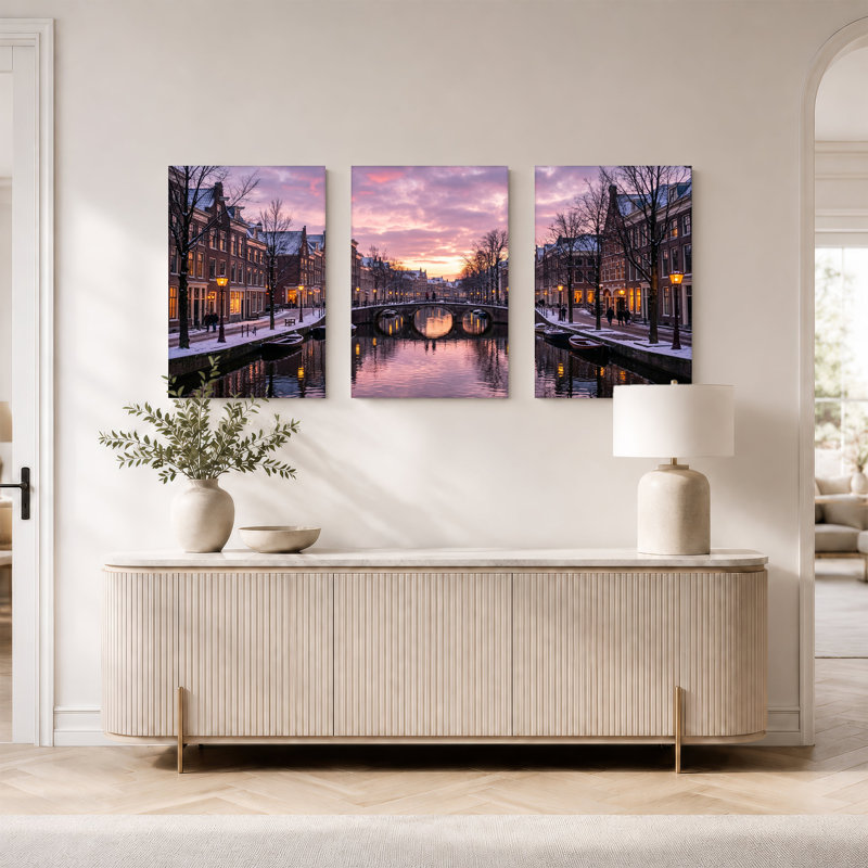 «Snowy Amsterdam Canal at Dusk», ensemble de 3 toiles murales, 30"H x 20"W x 3pcs