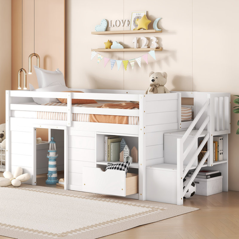 Lit simple en bois massif avec lit double, escalier et tiroir, White