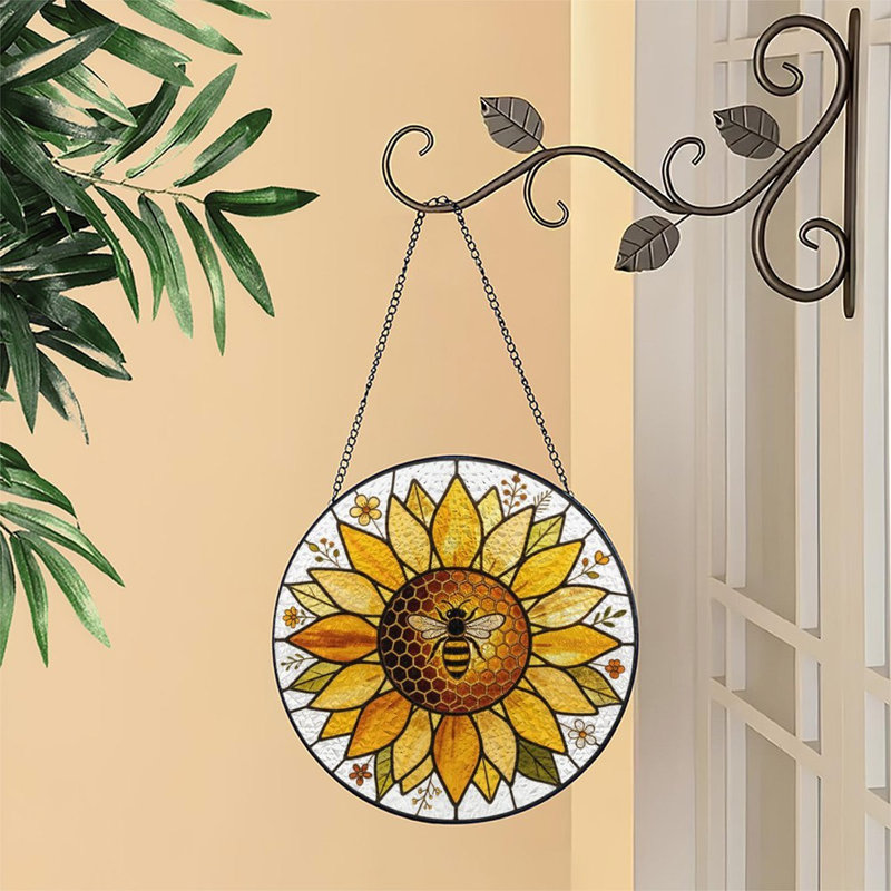 Vitrail tournesol avec abeille et nid d'abeille, 11.8x11.8in(30x30cm)