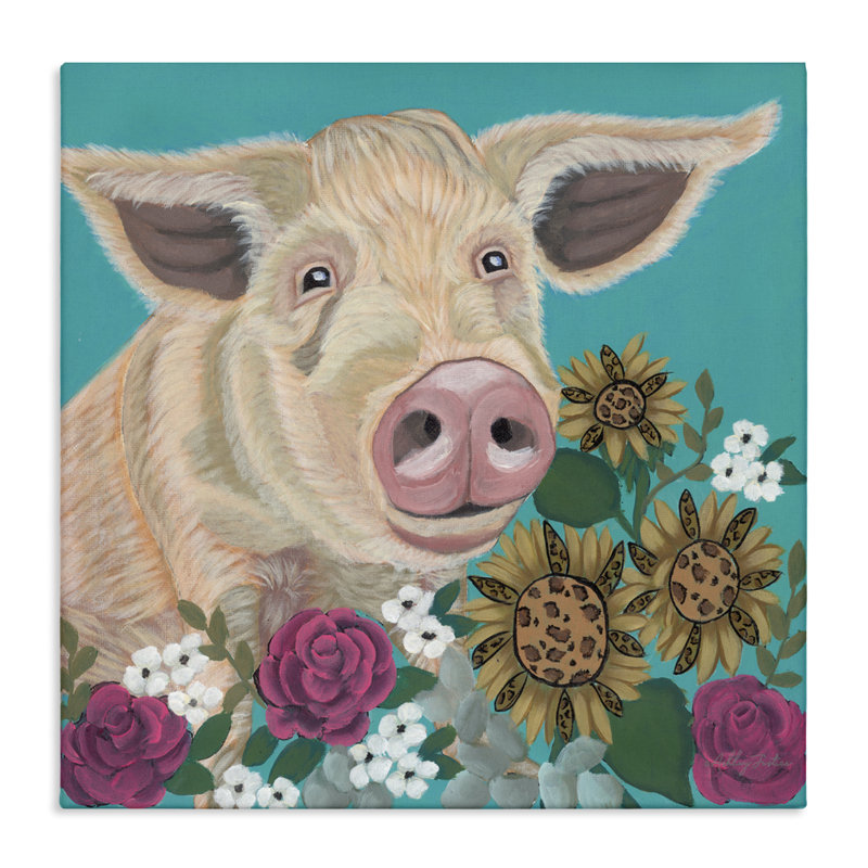 Portrait de cochon avec toile mauve, design par Ashley Justice, H 17 po x l 17 po