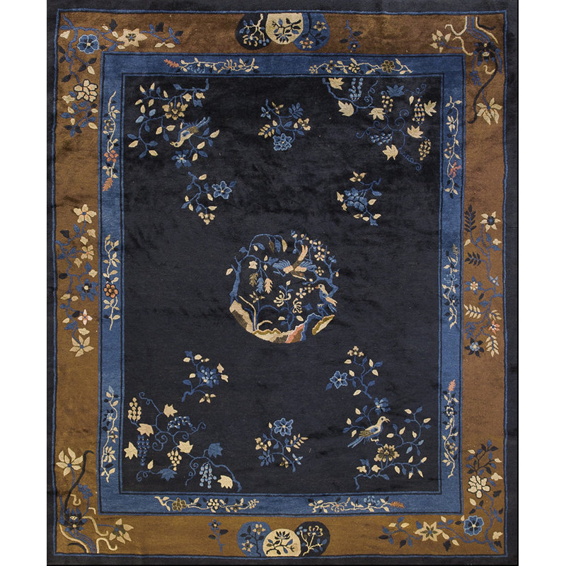 Soft Wool Pile Antique Blue Field Brown Border Chinese Peking Rug