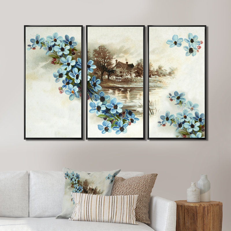 Fleurs bleues - ensemble de 3 reproductions d'art encadrées sur toile florales, H 28 po x l 36 po x P 1 po, Cadre noir