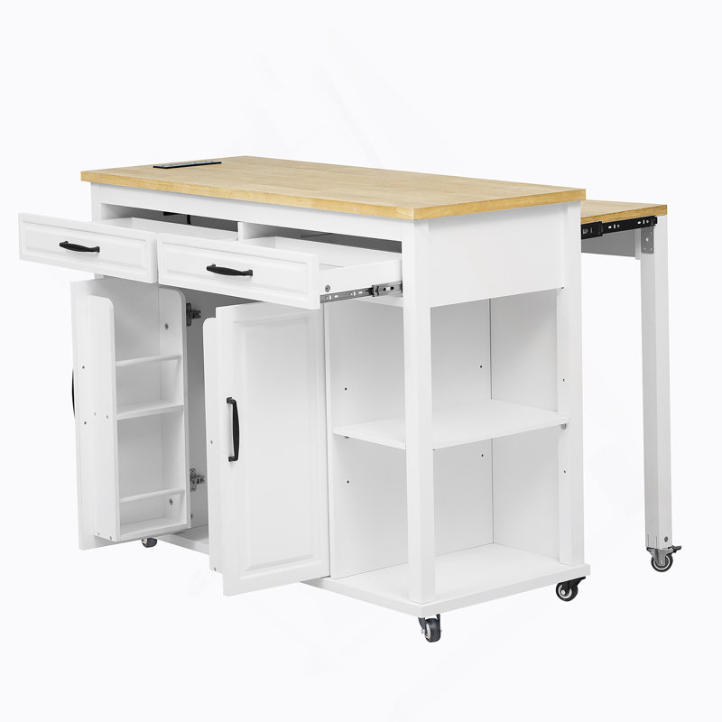 Îlot de cuisine de 47 po avec table de salle à manger extensible, table de cuisine en placage de bois d'hévéa avec support de rangement interne, prise de courant, îlot de cuisine avec rangement 2 tiroirs et 2 armoires