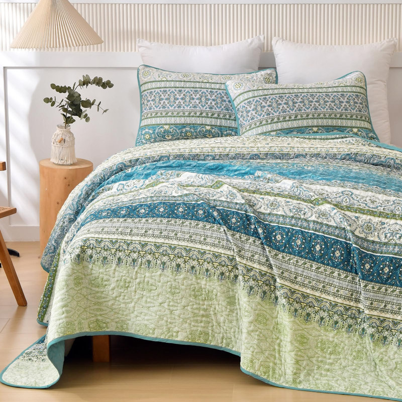 Ensemble de courtepointe 3 pièces, Vert aqua, Courtepointe pour lit grand + deux taies décorati