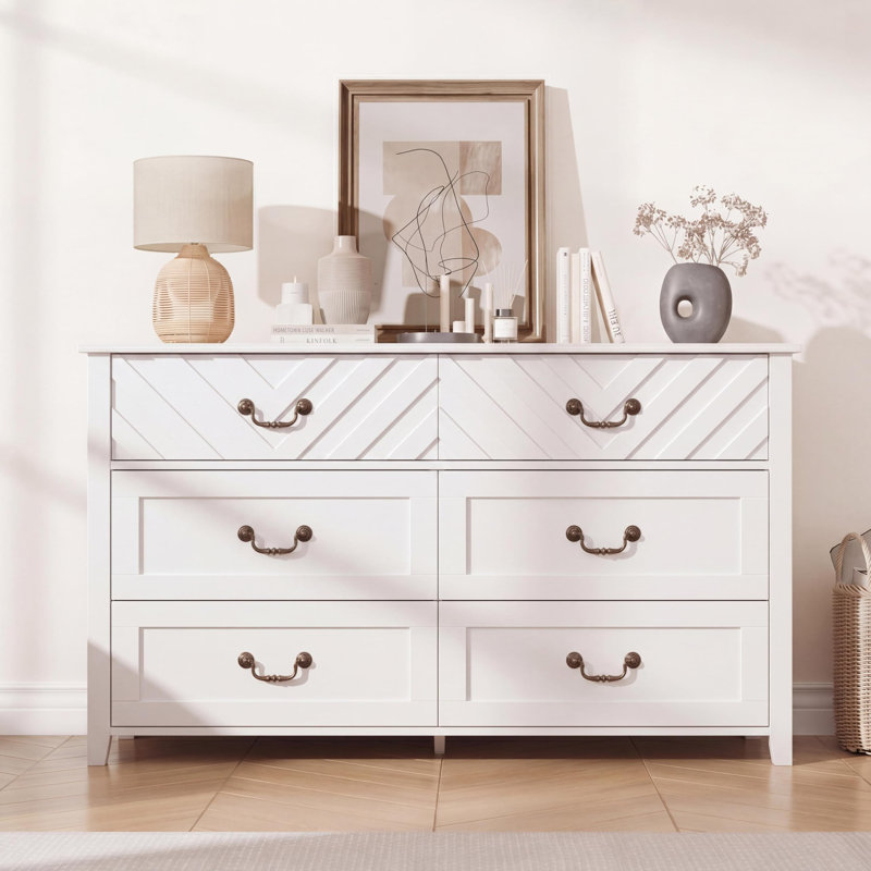 Commode 6 tiroirs pour chambre à coucher, commode en bois blanche avec façade en forme de v 3D, armoire de rangement pour le salon, la chambre de bébé et le vestibule