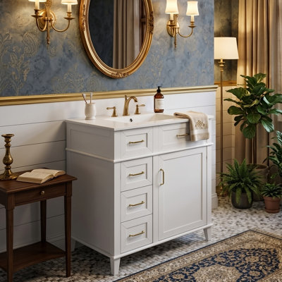 Meuble-lavabo moderne de 30 pouces avec lavabo, armoire transitionnelle avec cadre en bois massif et 3 tiroirs triés, noir / blanc