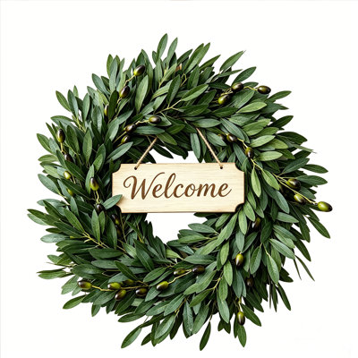 22 Inch Artificial Olive Wreath with Welcome Sign, Rustic Farmhouse Front Door Wreath, All-Season Faux Greenery Wreath for Porch Wall Window Home Holiday Decor