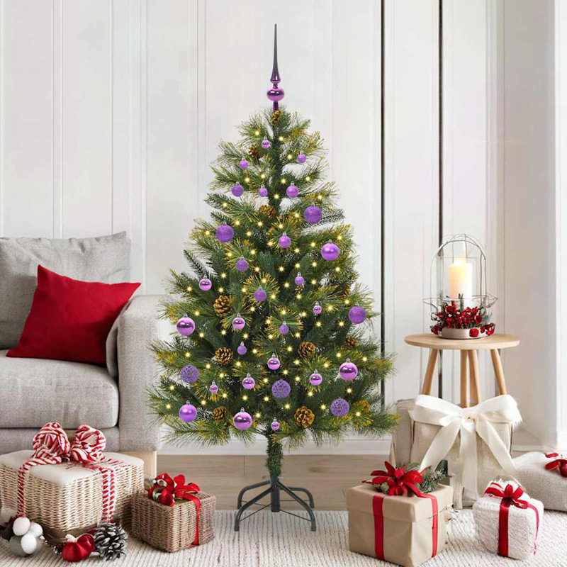 Artificial Hinged Christmas Tree with Cones, Purple, 4.92' H