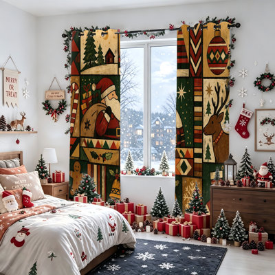 2 pièces rideaux occultant de Noël avec imprimé père Noël et renne, rideaux de décoration de fête pour la cuisine du salon, décorations de fêtes saisonnières