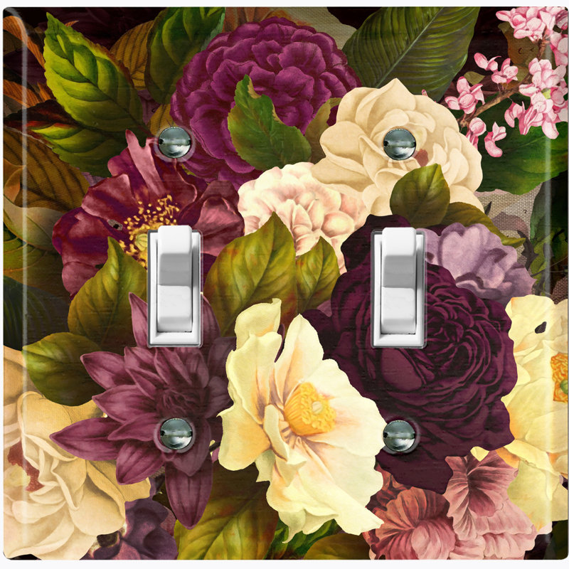 Metal Light Switch Plate Outlet Cover (Flower Purple White Rose 1 - Double Toggle)